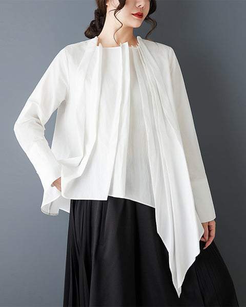 ellazhu Women's Asymmetrical Pleated Blouse Oversized Long Sleeve Loose Tunic Shirt Irregular Hem Solid Designer Top GZ867