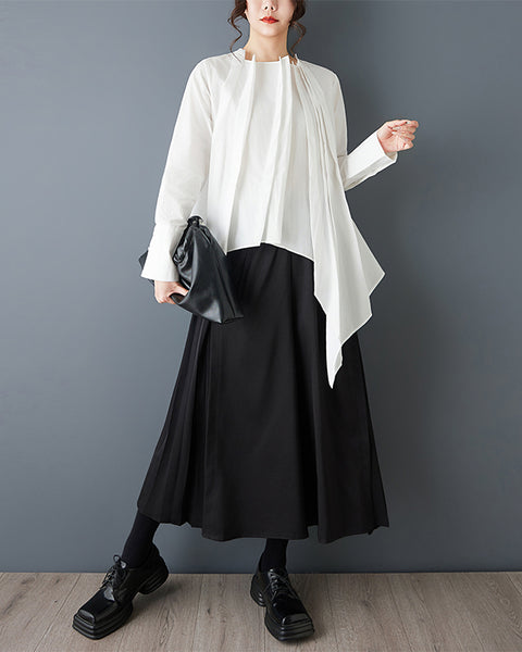 ellazhu Women's Asymmetrical Pleated Blouse Oversized Long Sleeve Loose Tunic Shirt Irregular Hem Solid Designer Top GZ867