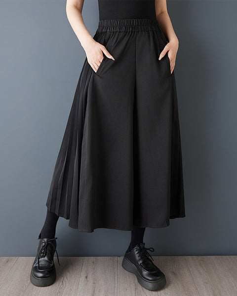 ellazhu Women's Pleated Wide Leg Pants Contrast Color Cropped Palazzo Trousers Loose Elastic Waist Culottes GZ868