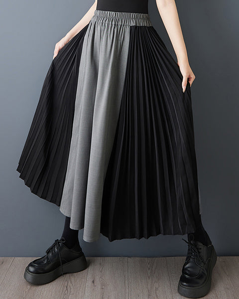 ellazhu Women's Pleated Wide Leg Pants Contrast Color Cropped Palazzo Trousers Loose Elastic Waist Culottes GZ868