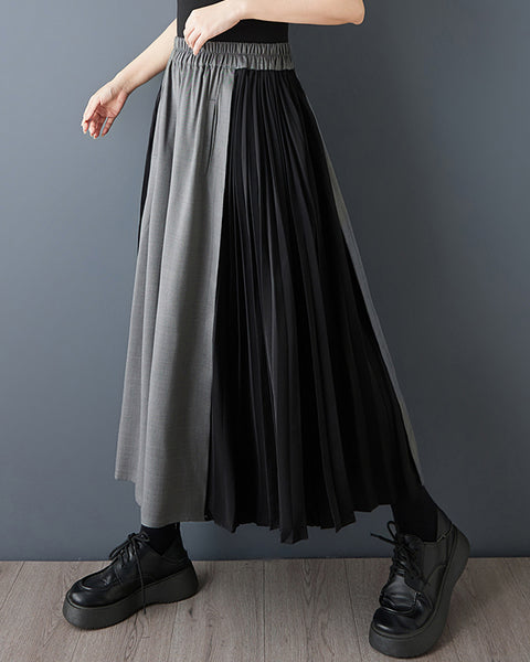 ellazhu Women's Pleated Wide Leg Pants Contrast Color Cropped Palazzo Trousers Loose Elastic Waist Culottes GZ868