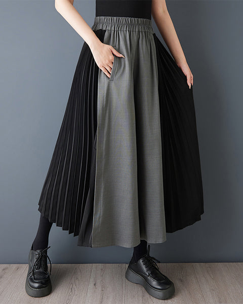 ellazhu Women's Pleated Wide Leg Pants Contrast Color Cropped Palazzo Trousers Loose Elastic Waist Culottes GZ868