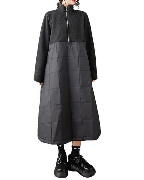 ellazhu Women's Stand Collar Quilted Patchwork Dress Oversized Wool Blend Long Sleeve Zip Up Maxi Dress Dark Style GZ869