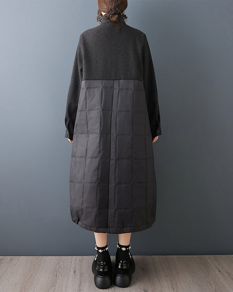 ellazhu Women's Stand Collar Quilted Patchwork Dress Oversized Wool Blend Long Sleeve Zip Up Maxi Dress Dark Style GZ869