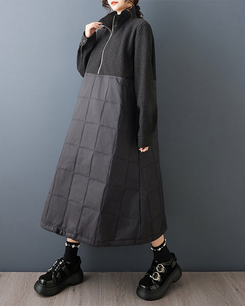 ellazhu Women's Stand Collar Quilted Patchwork Dress Oversized Wool Blend Long Sleeve Zip Up Maxi Dress Dark Style GZ869