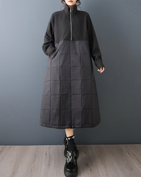 ellazhu Women's Stand Collar Quilted Patchwork Dress Oversized Wool Blend Long Sleeve Zip Up Maxi Dress Dark Style GZ869