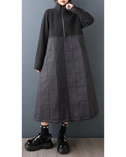ellazhu Women's Stand Collar Quilted Patchwork Dress Oversized Wool Blend Long Sleeve Zip Up Maxi Dress Dark Style GZ869