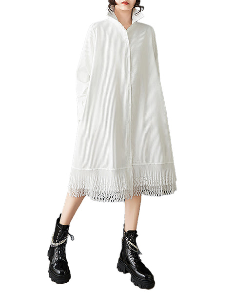 ellazhu Women's Lapel Collar Pleated Shirt Dress Lace Hem Oversized Bell Sleeve Loose Midi Dress Elegant Tunic GZ870