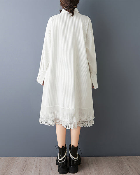 ellazhu Women's Lapel Collar Pleated Shirt Dress Lace Hem Oversized Bell Sleeve Loose Midi Dress Elegant Tunic GZ870
