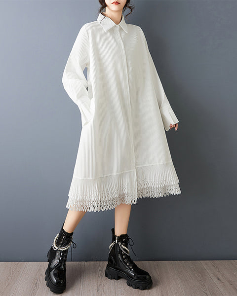ellazhu Women's Lapel Collar Pleated Shirt Dress Lace Hem Oversized Bell Sleeve Loose Midi Dress Elegant Tunic GZ870