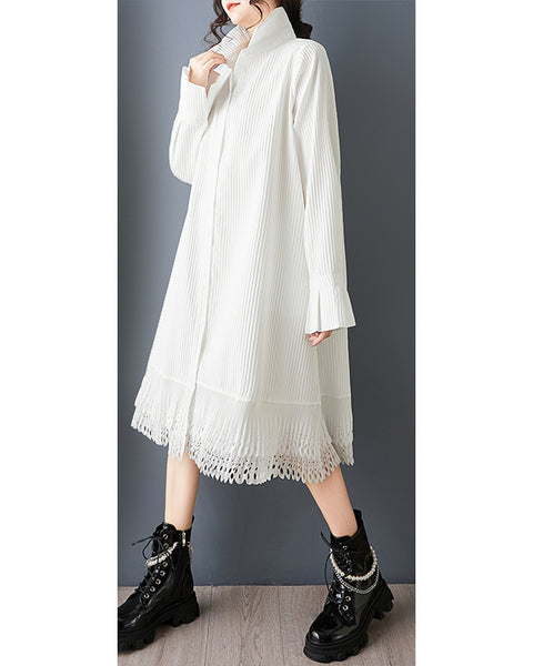 ellazhu Women's Lapel Collar Pleated Shirt Dress Lace Hem Oversized Bell Sleeve Loose Midi Dress Elegant Tunic GZ870