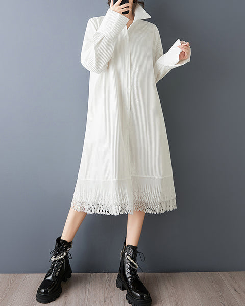 ellazhu Women's Lapel Collar Pleated Shirt Dress Lace Hem Oversized Bell Sleeve Loose Midi Dress Elegant Tunic GZ870