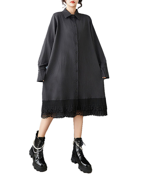 ellazhu Women's Lapel Collar Striped Patchwork Dress Lace Hem Oversized Long Sleeve Loose Midi Shirt Dress elegant GZ871