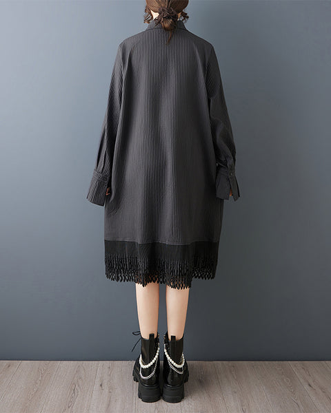 ellazhu Women's Lapel Collar Striped Patchwork Dress Lace Hem Oversized Long Sleeve Loose Midi Shirt Dress elegant GZ871