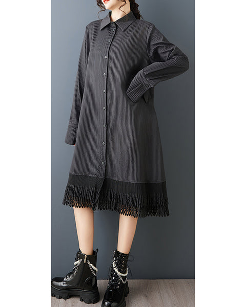 ellazhu Women's Lapel Collar Striped Patchwork Dress Lace Hem Oversized Long Sleeve Loose Midi Shirt Dress elegant GZ871