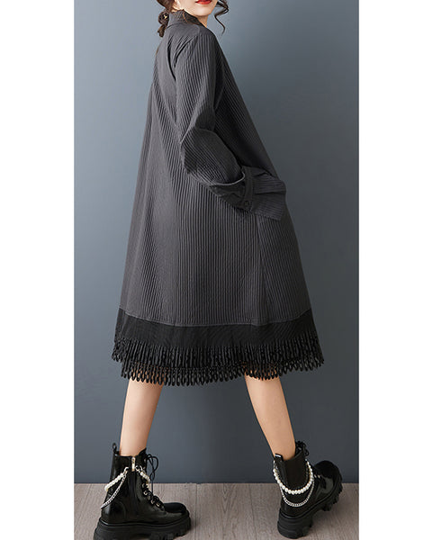ellazhu Women's Lapel Collar Striped Patchwork Dress Lace Hem Oversized Long Sleeve Loose Midi Shirt Dress elegant GZ871