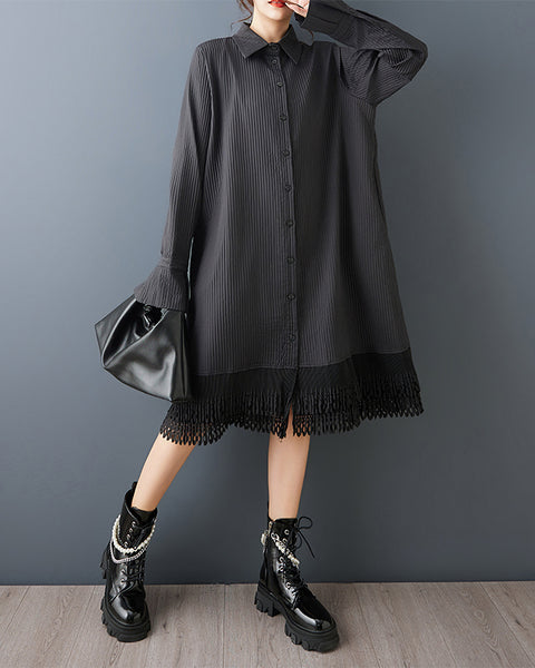 ellazhu Women's Lapel Collar Striped Patchwork Dress Lace Hem Oversized Long Sleeve Loose Midi Shirt Dress elegant GZ871
