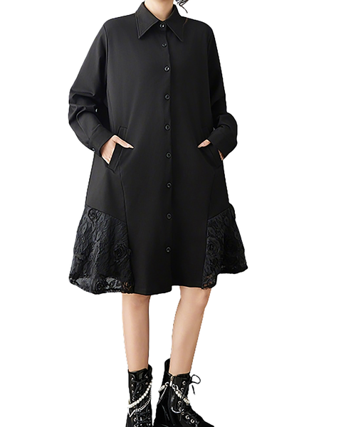 ellazhu Women's 3D Floral Lace Asymmetrical Patchwork Shirt Dress Long Sleeve Lapel Collar Button Down Plus Size GZ872