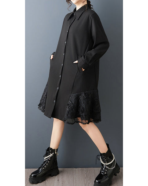 ellazhu Women's 3D Floral Lace Asymmetrical Patchwork Shirt Dress Long Sleeve Lapel Collar Button Down Plus Size GZ872