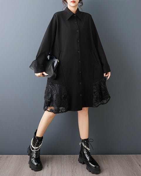 ellazhu Women's 3D Floral Lace Asymmetrical Patchwork Shirt Dress Long Sleeve Lapel Collar Button Down Plus Size GZ872