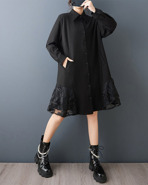 ellazhu Women's 3D Floral Lace Asymmetrical Patchwork Shirt Dress Long Sleeve Lapel Collar Button Down Plus Size GZ872