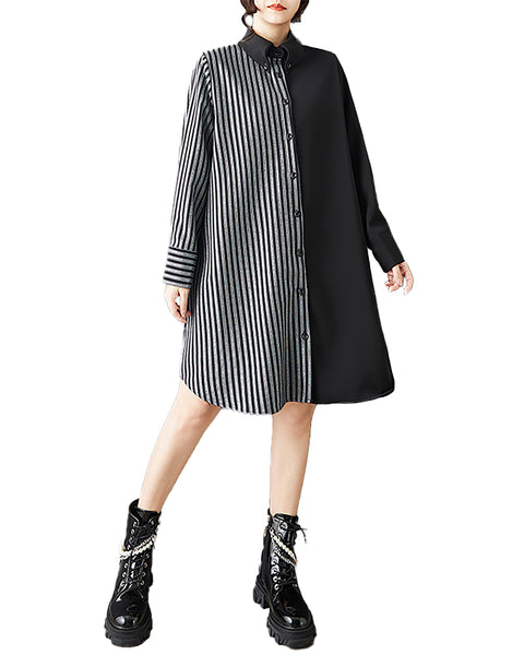 ellazhu Women's Striped Patchwork Shirt Dress Oversized Long Sleeve Lapel Neck Button Down Loose Midi Tunic Dress GZ873