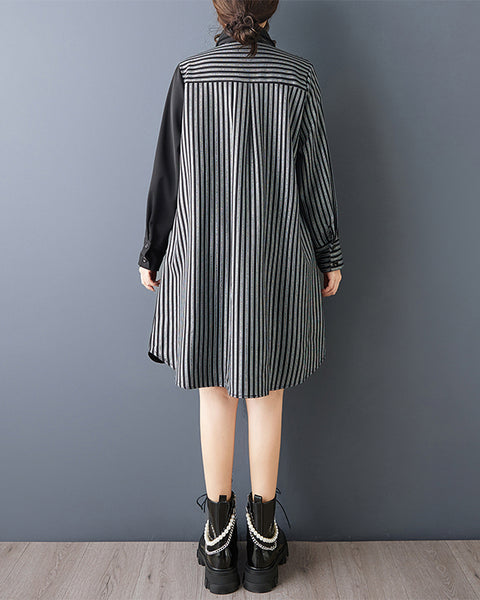ellazhu Women's Striped Patchwork Shirt Dress Oversized Long Sleeve Lapel Neck Button Down Loose Midi Tunic Dress GZ873