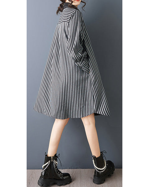 ellazhu Women's Striped Patchwork Shirt Dress Oversized Long Sleeve Lapel Neck Button Down Loose Midi Tunic Dress GZ873