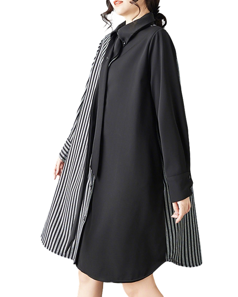 ellazhu Women's Striped Patchwork Shirt Dress Oversized Long Sleeve Lapel Neck Button Down Loose Midi Tunic Dress GZ873