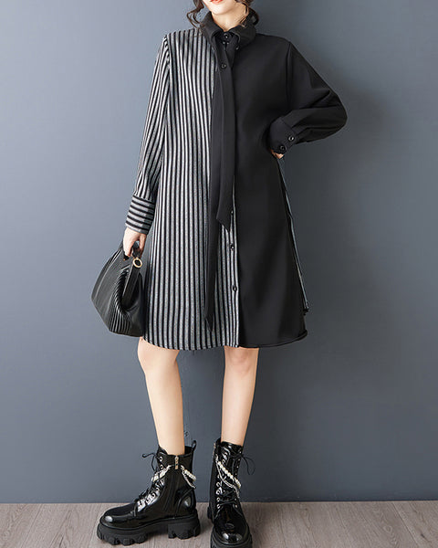 ellazhu Women's Striped Patchwork Shirt Dress Oversized Long Sleeve Lapel Neck Button Down Loose Midi Tunic Dress GZ873