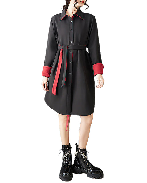 ellazhu Women's Contrast Trim Shirt Dress Oversized Long Sleeve Lapel Neck Belted Button Down Loose Midi Dress GZ874