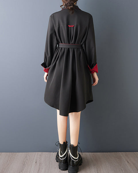 ellazhu Women's Contrast Trim Shirt Dress Oversized Long Sleeve Lapel Neck Belted Button Down Loose Midi Dress GZ874
