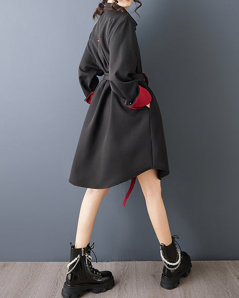 ellazhu Women's Contrast Trim Shirt Dress Oversized Long Sleeve Lapel Neck Belted Button Down Loose Midi Dress GZ874