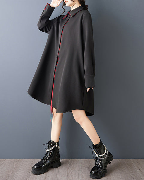 ellazhu Women's Contrast Trim Shirt Dress Oversized Long Sleeve Lapel Neck Belted Button Down Loose Midi Dress GZ874