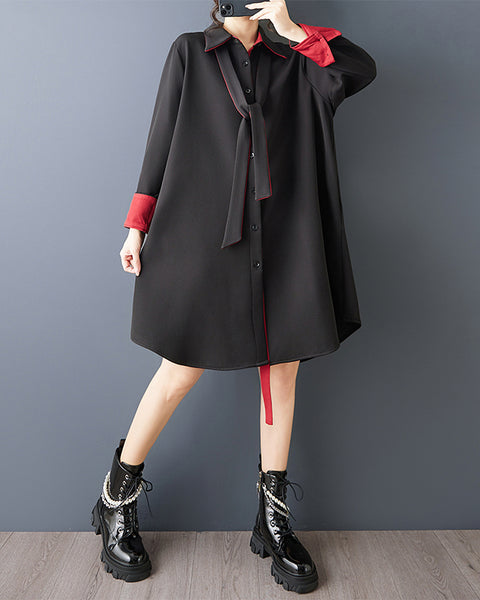 ellazhu Women's Contrast Trim Shirt Dress Oversized Long Sleeve Lapel Neck Belted Button Down Loose Midi Dress GZ874