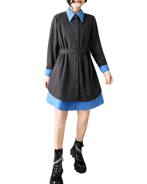 ellazhu Women's Contrast Patchwork Shirt Dress Oversized Long Sleeve Lapel Fake Two Piece Loose Belted Midi Dress GZ875