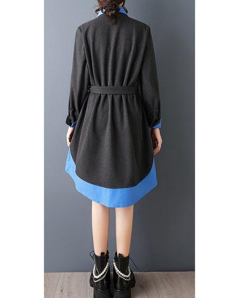 ellazhu Women's Contrast Patchwork Shirt Dress Oversized Long Sleeve Lapel Fake Two Piece Loose Belted Midi Dress GZ875