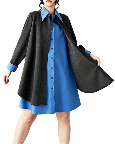 ellazhu Women's Contrast Patchwork Shirt Dress Oversized Long Sleeve Lapel Fake Two Piece Loose Belted Midi Dress GZ875