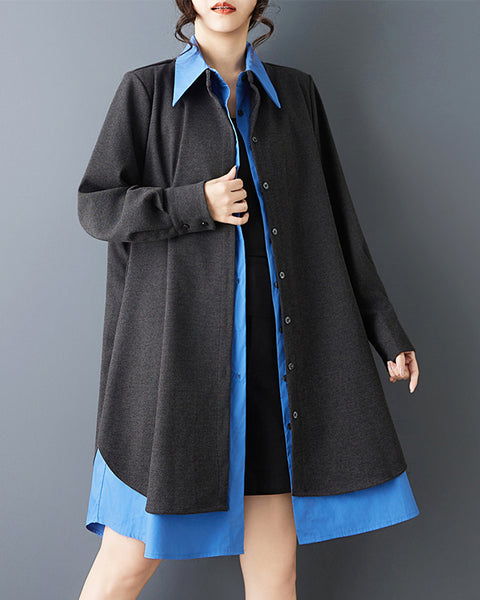 ellazhu Women's Contrast Patchwork Shirt Dress Oversized Long Sleeve Lapel Fake Two Piece Loose Belted Midi Dress GZ875
