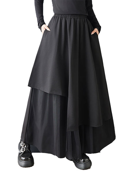 ellazhu Women's Mesh Patchwork Wide Leg Pants Oversized Elastic Waist Side Pockets Loose Irregular Palazzo Trousers GZ876