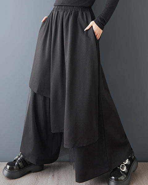 ellazhu Women's Mesh Patchwork Wide Leg Pants Oversized Elastic Waist Side Pockets Loose Irregular Palazzo Trousers GZ876