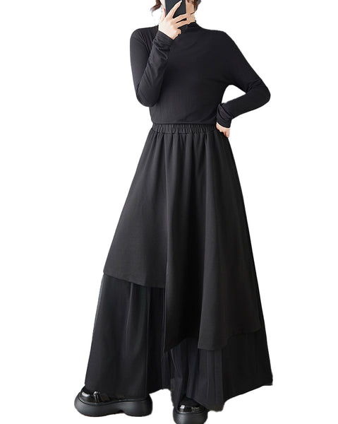 ellazhu Women's Mesh Patchwork Wide Leg Pants Oversized Elastic Waist Side Pockets Loose Irregular Palazzo Trousers GZ876