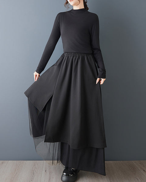 ellazhu Women's Mesh Patchwork Wide Leg Pants Oversized Elastic Waist Side Pockets Loose Irregular Palazzo Trousers GZ876