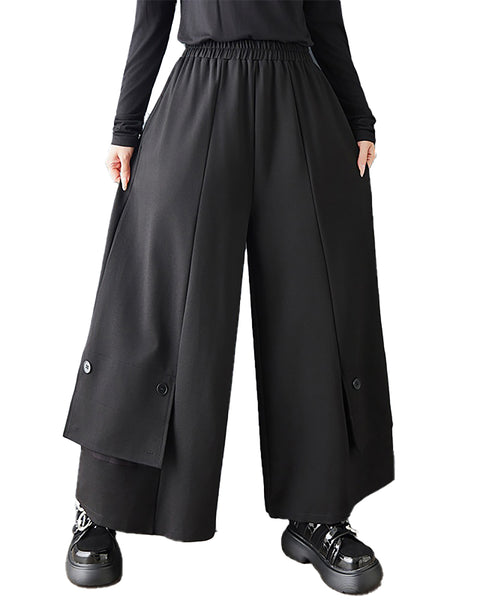 ellazhu Women's Cargo Pocket Wide Leg Pants Button Detail Oversized Elastic Waist Loose Casual Palazzo Trousers GZ877