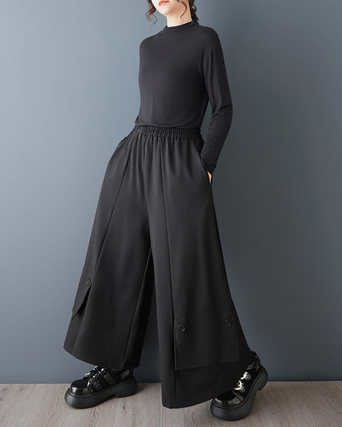 ellazhu Women's Cargo Pocket Wide Leg Pants Button Detail Oversized Elastic Waist Loose Casual Palazzo Trousers GZ877