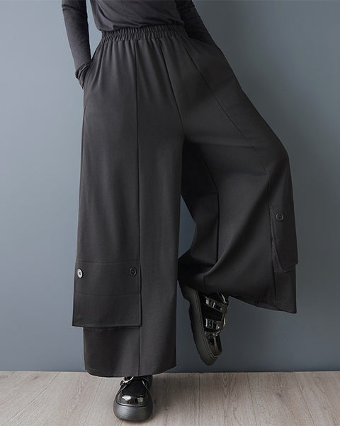 ellazhu Women's Cargo Pocket Wide Leg Pants Button Detail Oversized Elastic Waist Loose Casual Palazzo Trousers GZ877