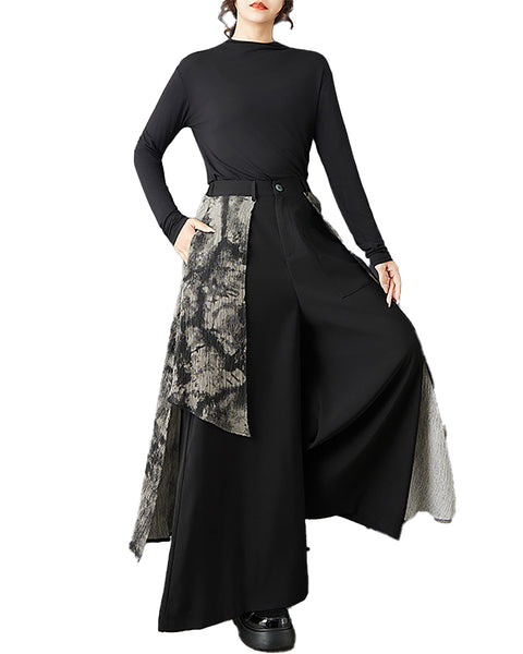 ellazhu Women's Gothic Patchwork Wide Leg Pants Skirt Elastic Waist Loose Irregular Layered Casual Plus Size Culottes GZ878