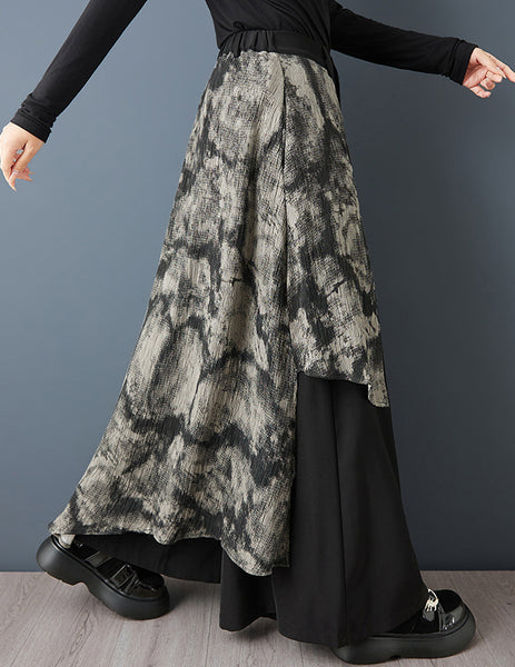 ellazhu Women's Gothic Patchwork Wide Leg Pants Skirt Elastic Waist Loose Irregular Layered Casual Plus Size Culottes GZ878