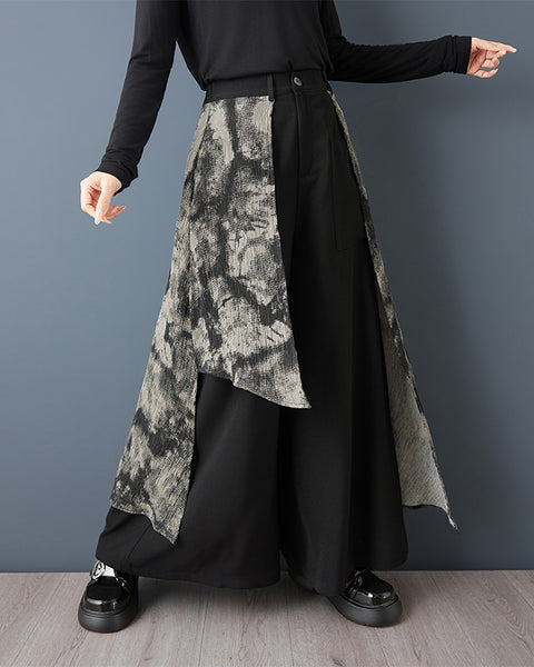 ellazhu Women's Gothic Patchwork Wide Leg Pants Skirt Elastic Waist Loose Irregular Layered Casual Plus Size Culottes GZ878