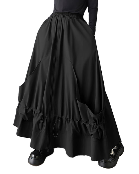 ellazhu Women's Gothic Cargo Maxi Skirt Elastic Waist Drawstring Loose A Line Oversized Casual Plus Size Streetwear GZ879